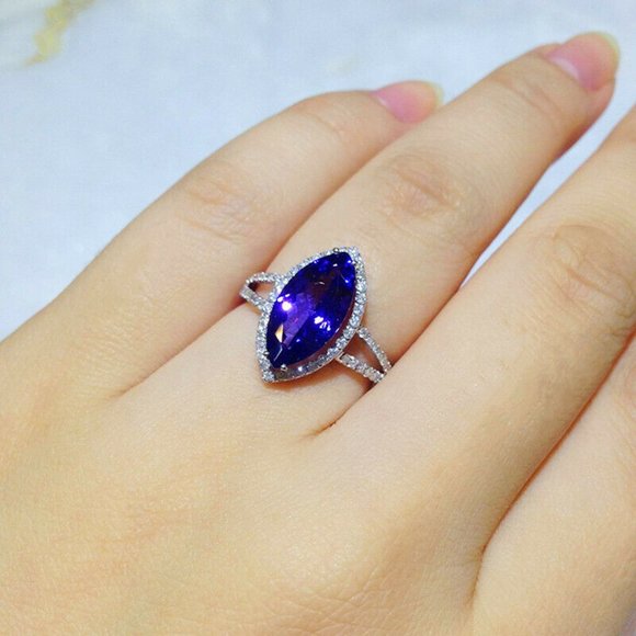 Luxury s925 Silver Marquise Cut Amethyst Ring - Picture 6 of 7